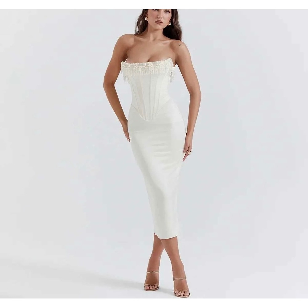 Commense Corset Midi Dress Strapless Beaded Trim Bodycon Cocktail Party White M‎